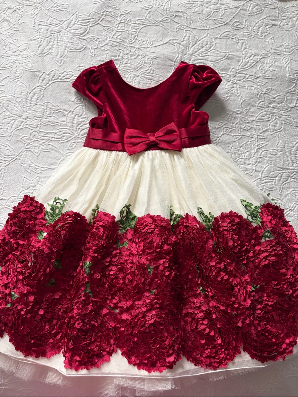Red Velvet & Cream Floral Tulle Bow Christmas dress 4T American princess